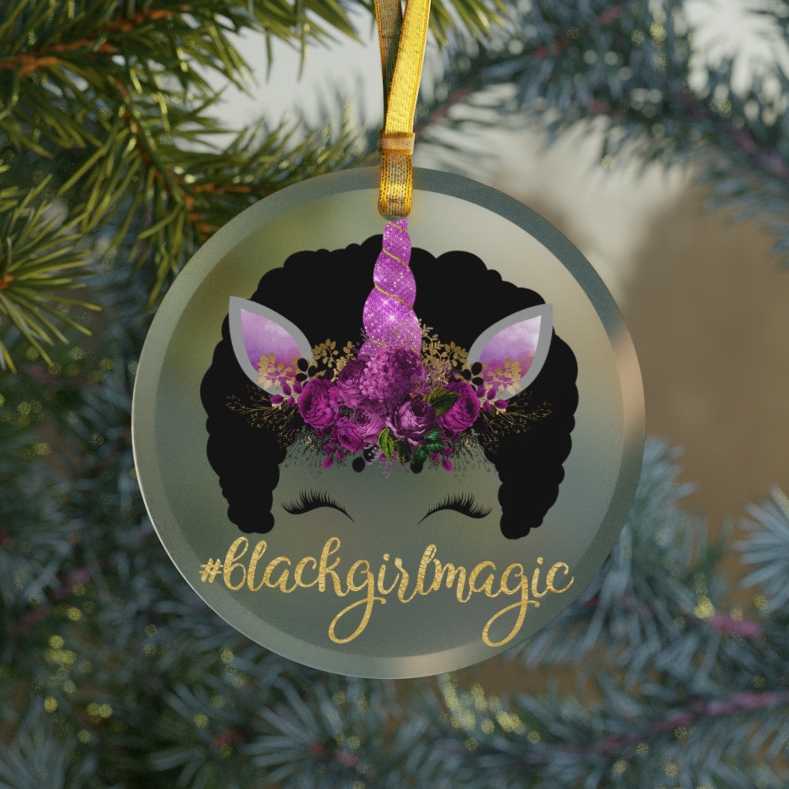 Purple Afro Unicorn Black Girl Magic Unicorn Giftsunicorn Holiday Decoration Floral Faux Gold Christmas Ornament