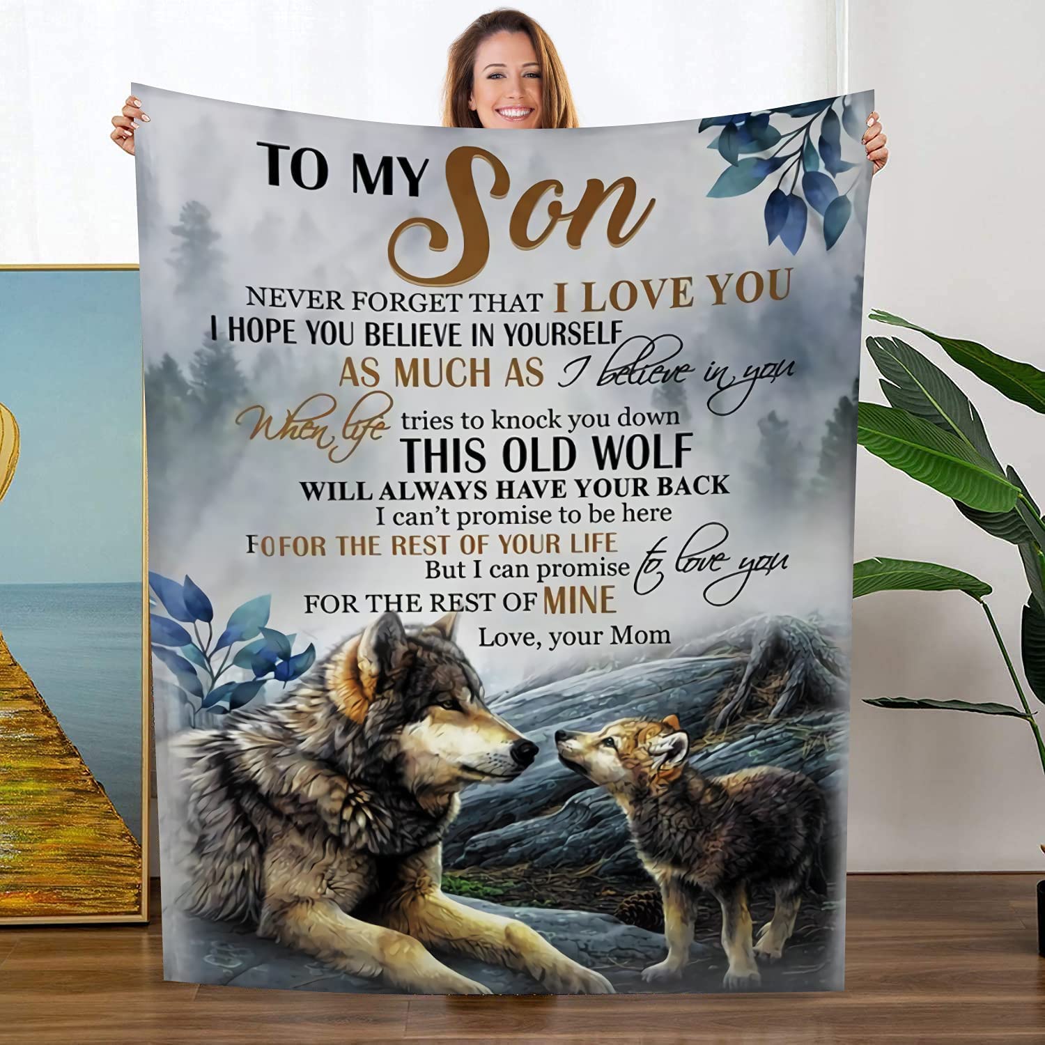 To My Son‘S Gifts From Mom Fleece Blanket, Wolf Blanket Throw For Son Sofa Couch Bed Decor, For Teens And Kids