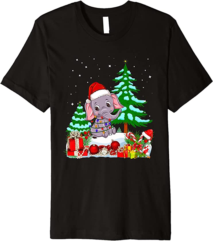 Merry Christmas Cute Elephant Santa Lights With Xmas Tree Premium T-Shirt