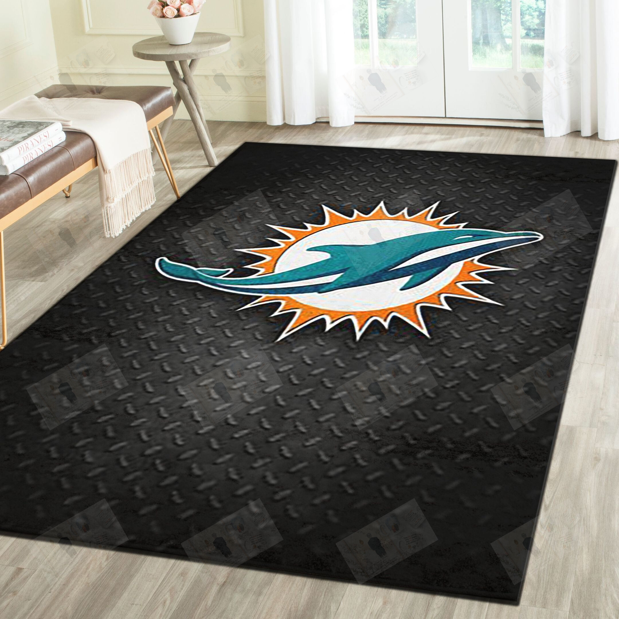 Miami Dolphins Area Rug, Football Team Living Room Bedroom Carpet, Fan Cave Floor Mat