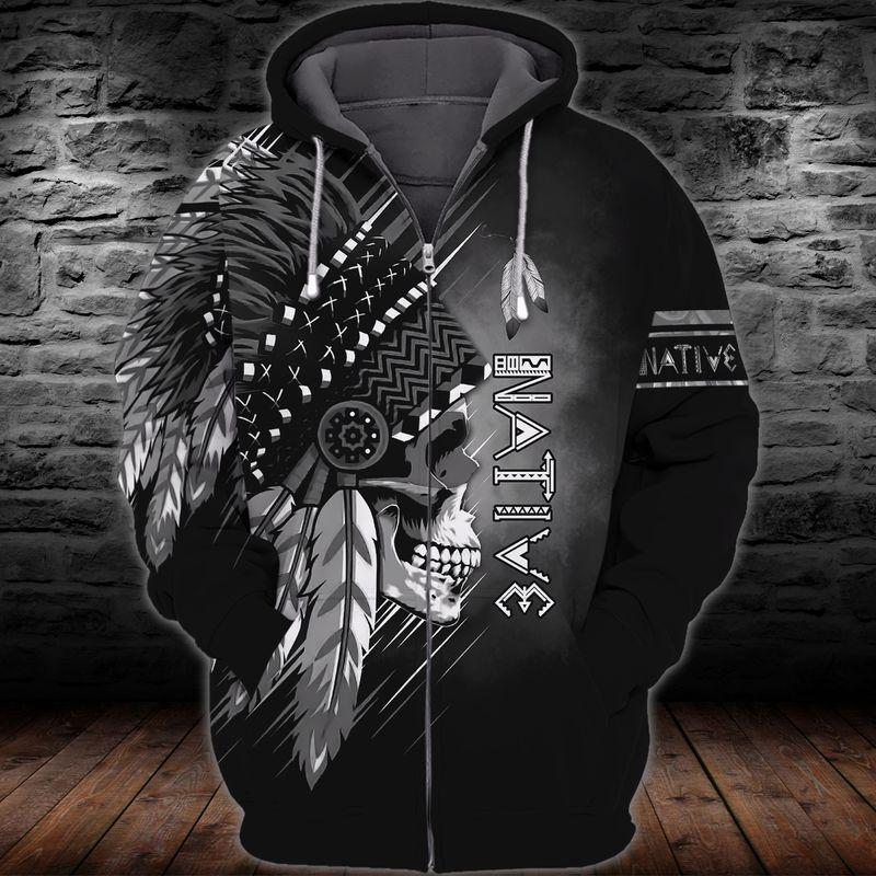 Black And White Native Skull 3D Zipper Hoodie