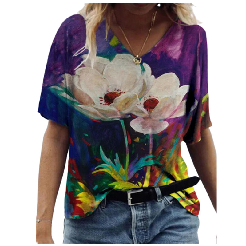 3D Sunflower Women Print T Shirt Loose Size Ladies Tops Oversized Casual Streetwear Short Sleeve V-Neck Tee Summer 2021 New alx