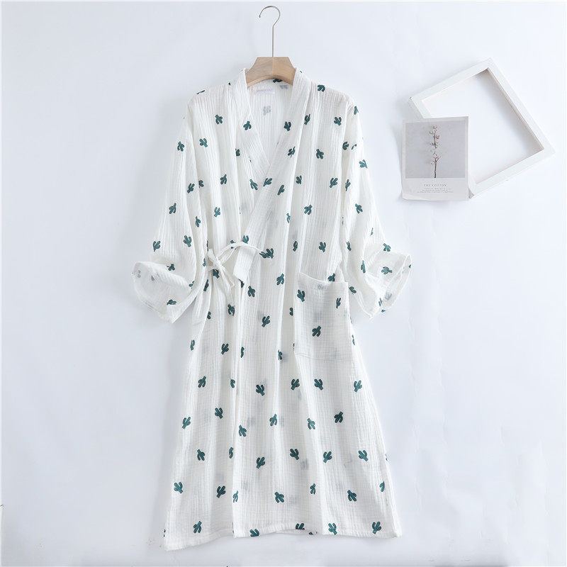 Spring Women Crepe Gauze Kimono Bathrobe Long Sleeve Cotton Robes Print Sleepwear Loose Dressing Gown Plus Size Housewear alx