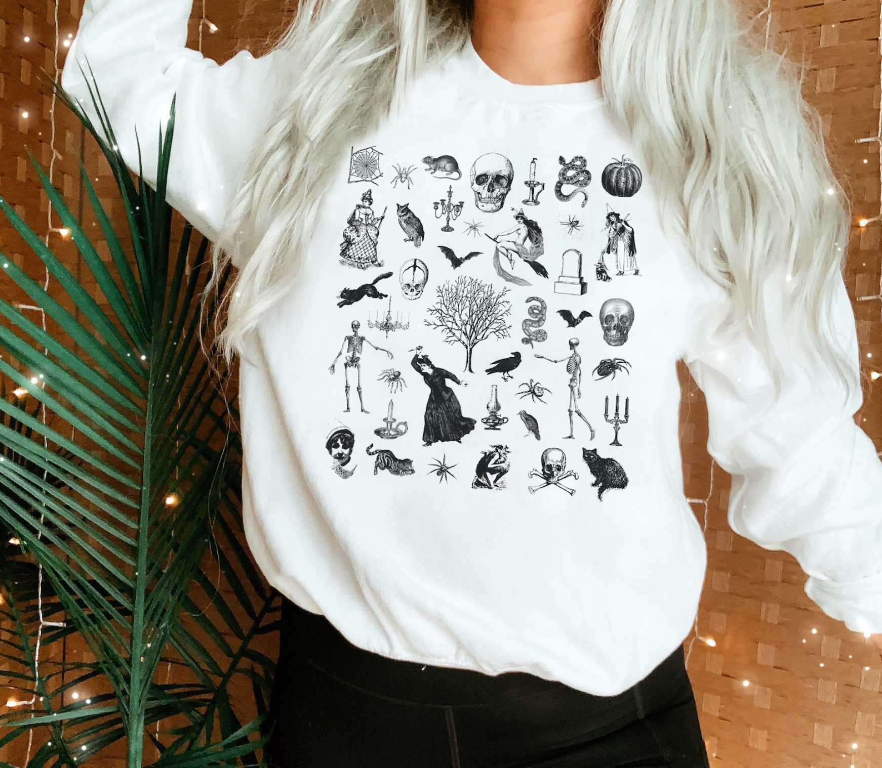 Vintage Halloween Sweatshirt, Halloween Gift Little Things Doodles Witch Pumpkin Long Sleeve Halloween Pullover, Halloween Cute Crewneck Sweater