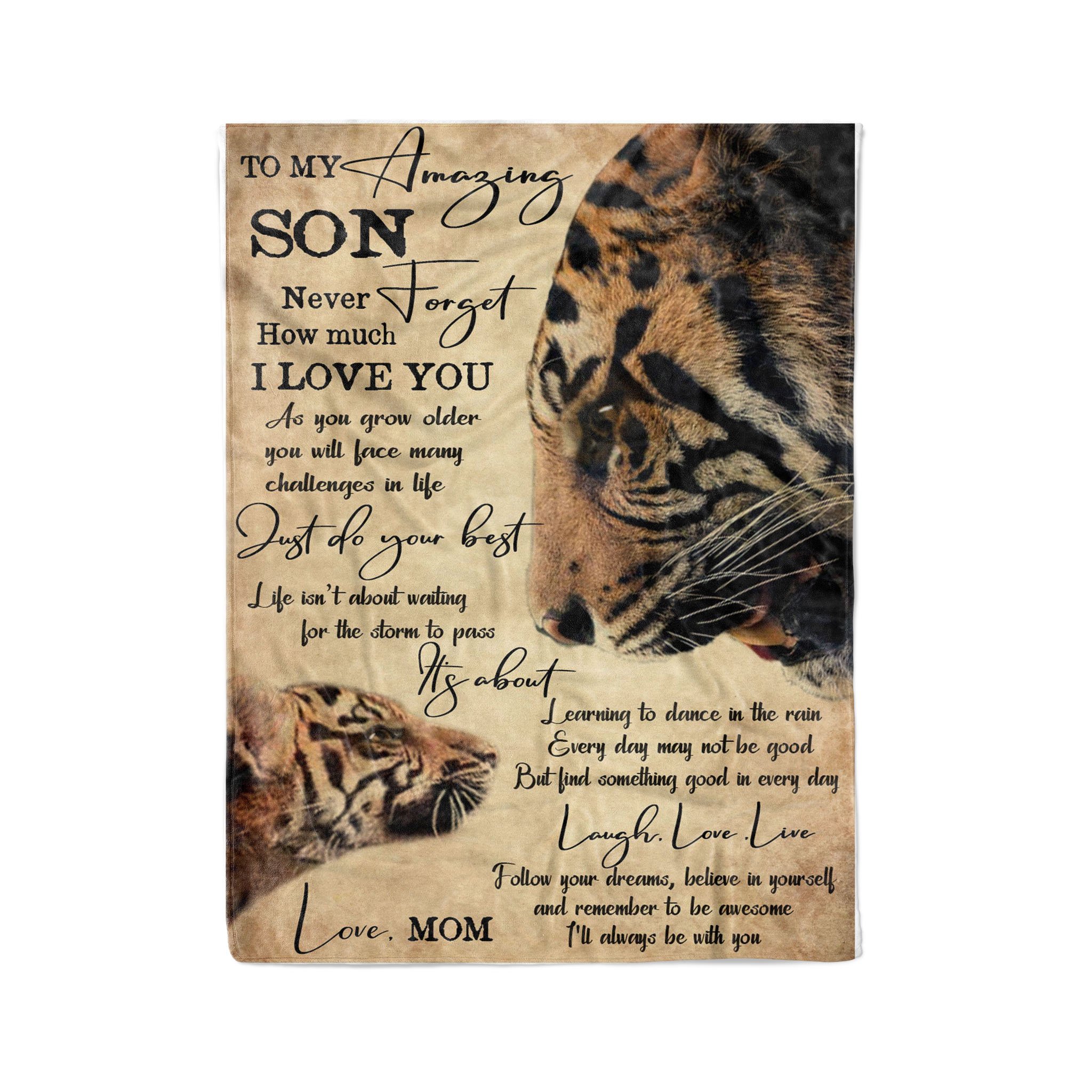 Fleece  Tiger Blanket mom to son never forget how much i love you