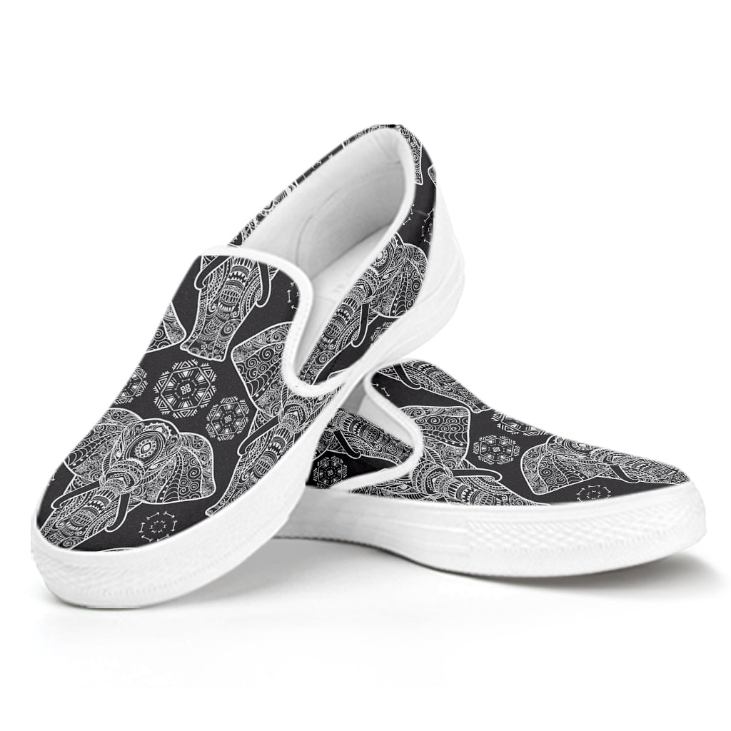 Black And White Boho Elephant Print White Slip On Shoes