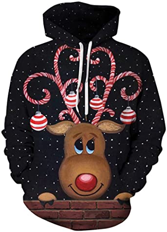 Deer Cute 3D Christmas Hoodie Sweatshirts Casual Printed Kangroo Pocket Pullover