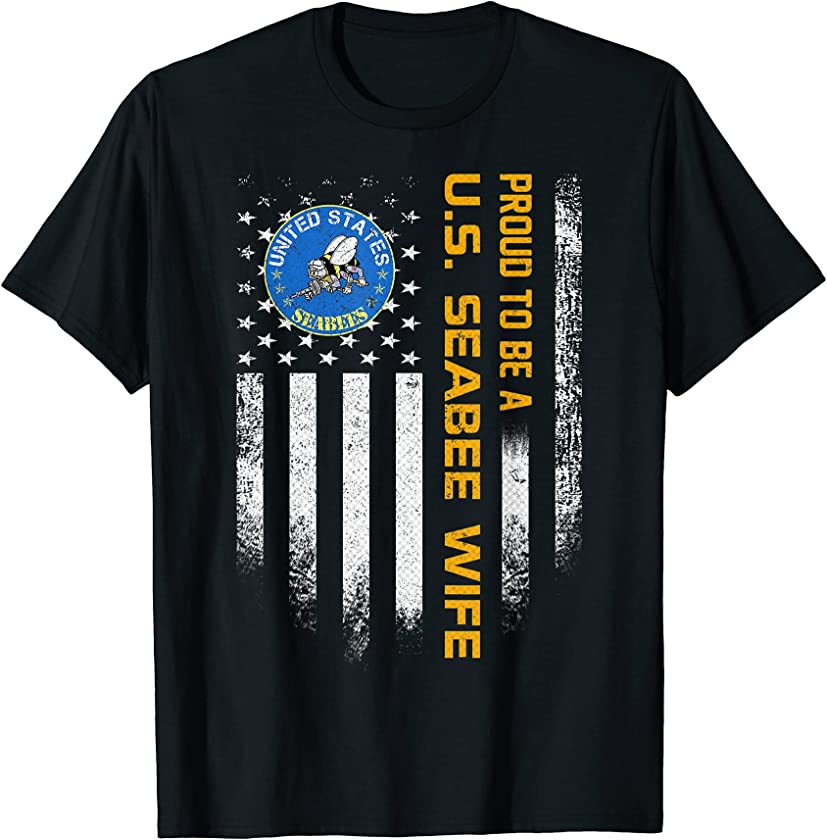 Vintage USA American Flag Proud To Be A Seabee Wife Military T-Shirt