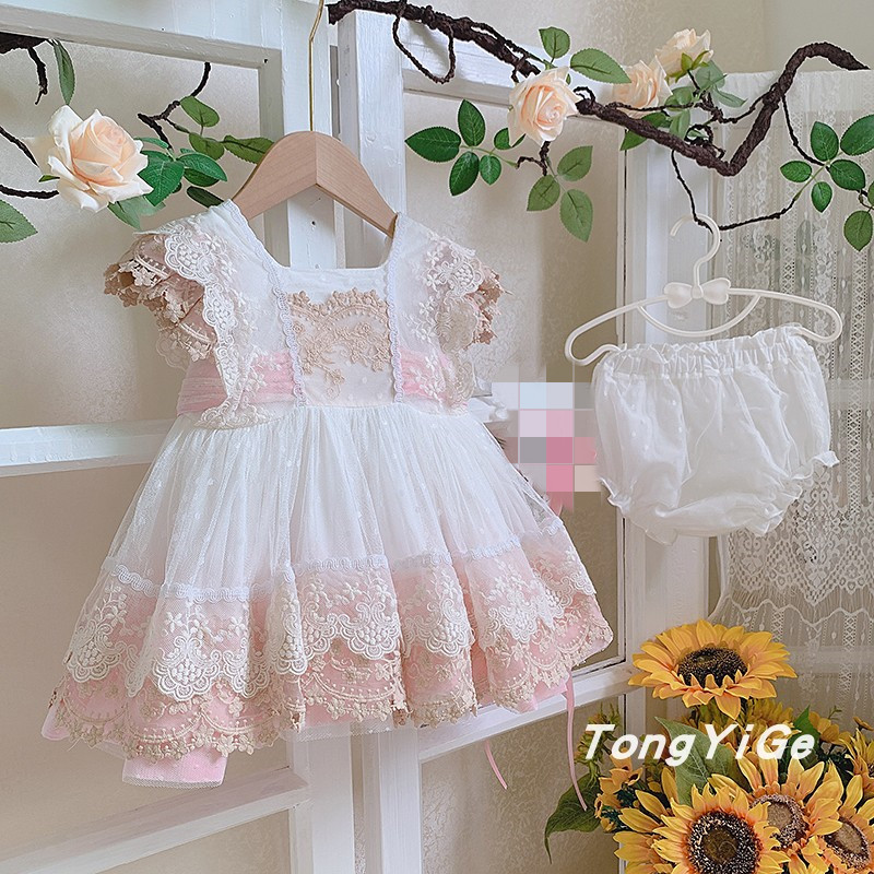 2PCS Summer New Spanish Girls Princess Ball Gown Lace Bow Mesh Stitching Birthday Party Easter Girl Lolita Dress A277 alx