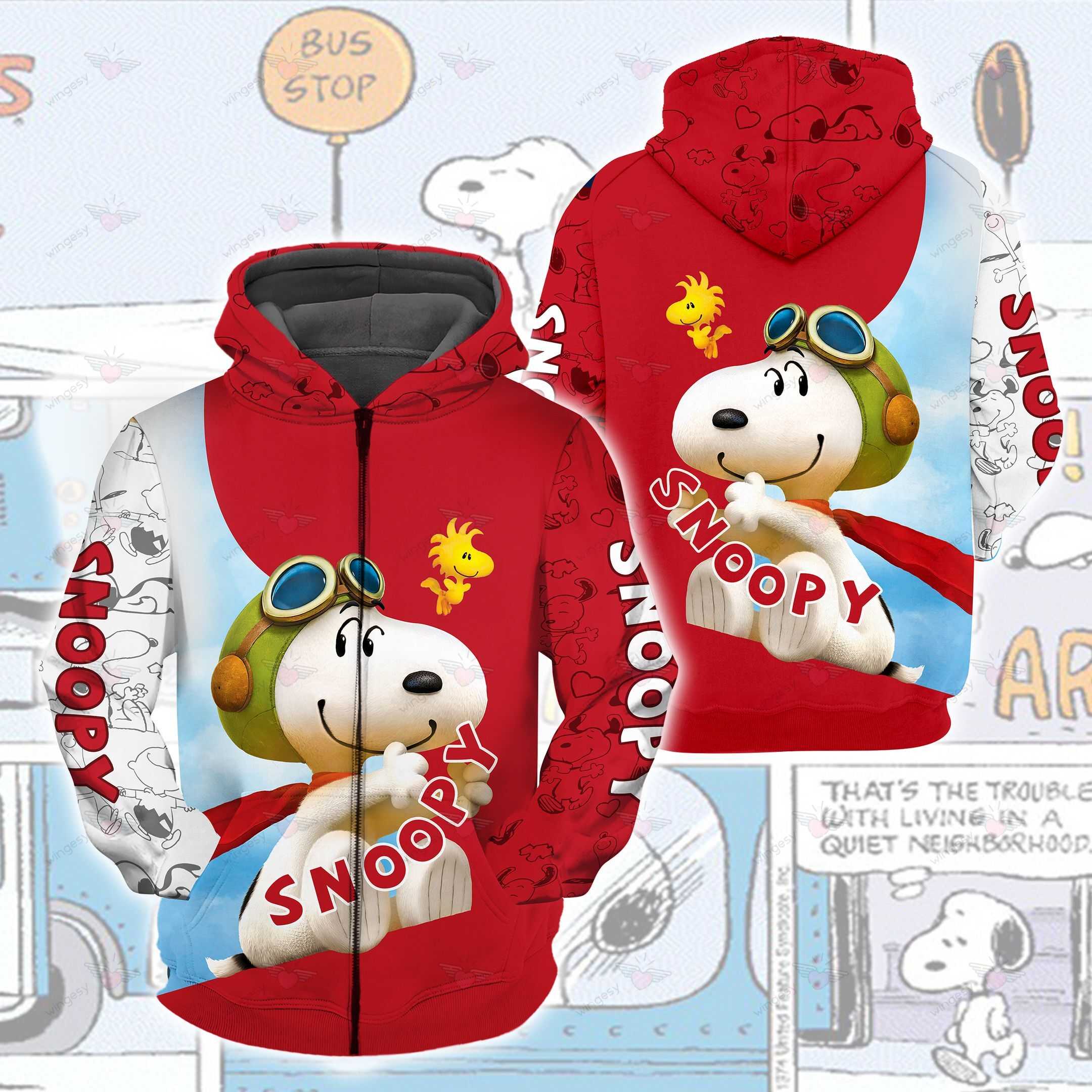 Snoopy Cartoon Snp Red Zip Hoodie Sweater Tshirt A12009008H