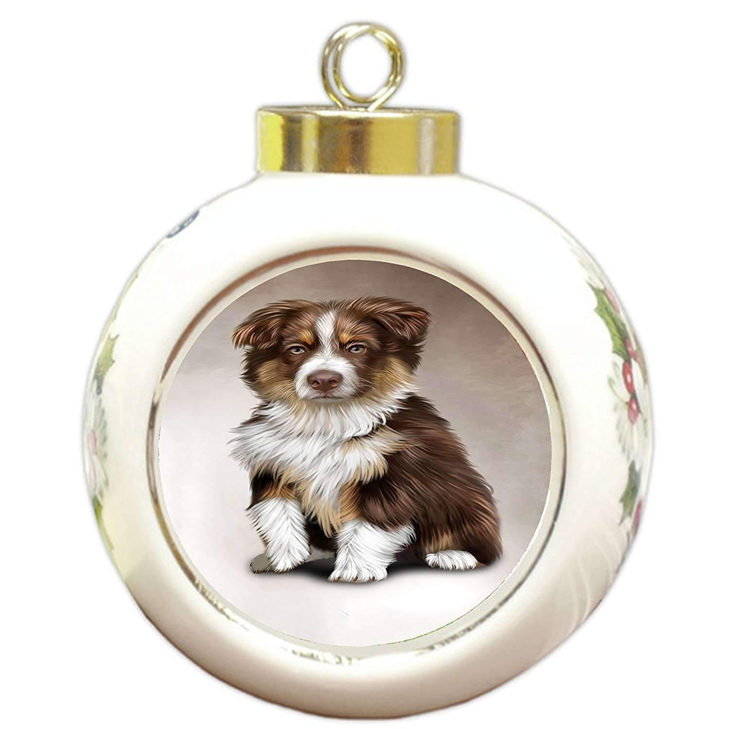 Australian Shepherd Brown Puppy Dog Round Ball Christmas Ornament