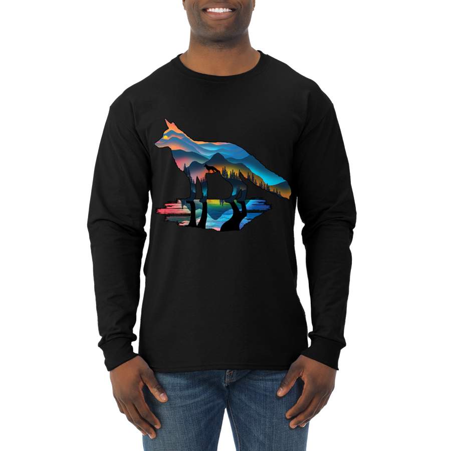 Trippy California Rainbow Neon Wolf Mountain Silhouette Animal Lover Mens Long Sleeve Shirt