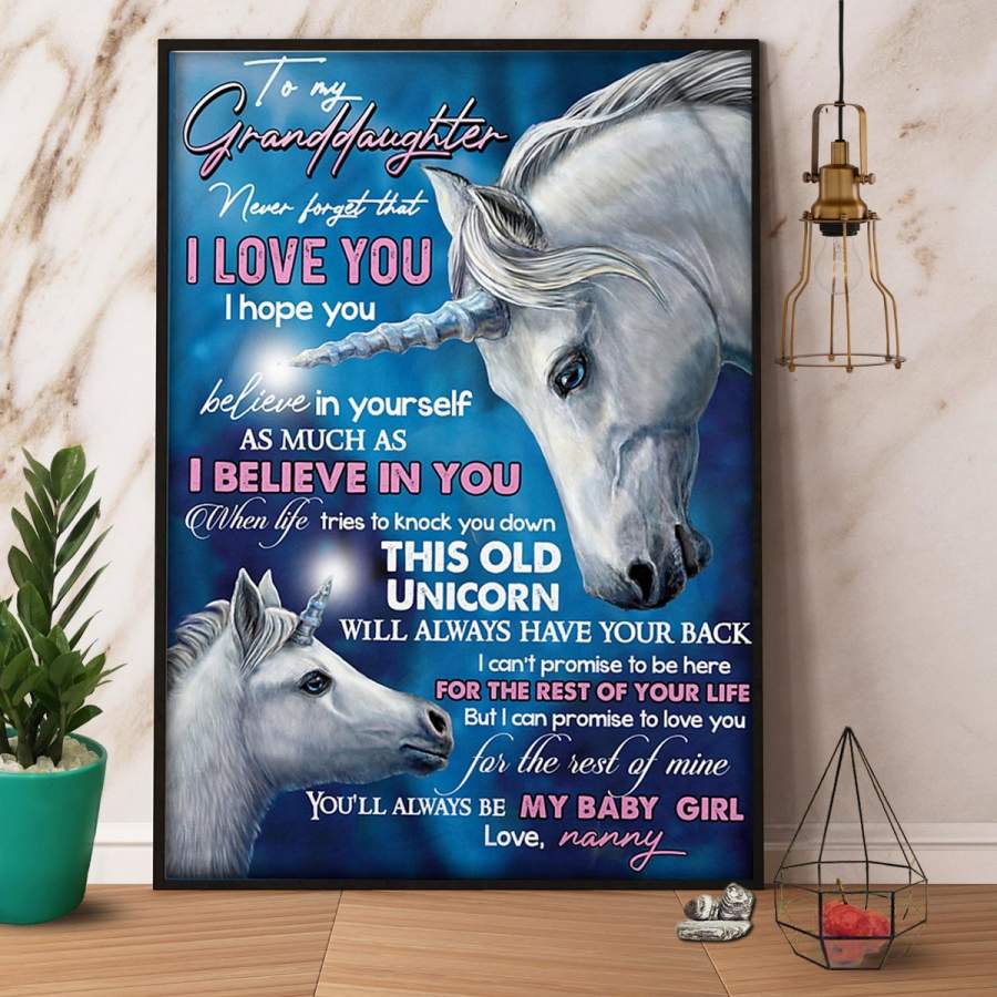 White unicorn to my granddaughter never forget that i love you vertical paper poster no frame/ wrapped canvas wall decor