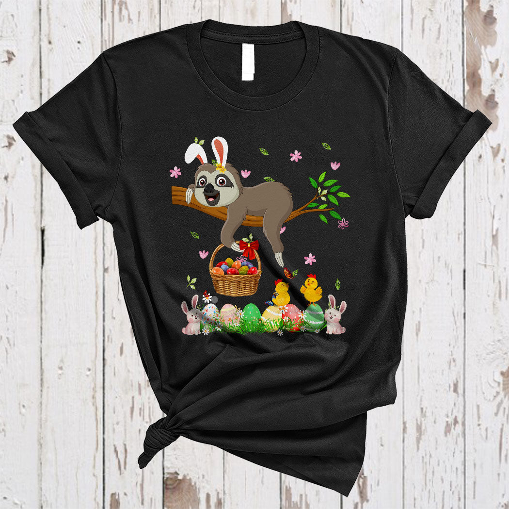 Bunny Sloth Bringing Easter Eggs Basket Cute Easter Egg Hunting Flower Sloth Lover Gifts T-Shirt