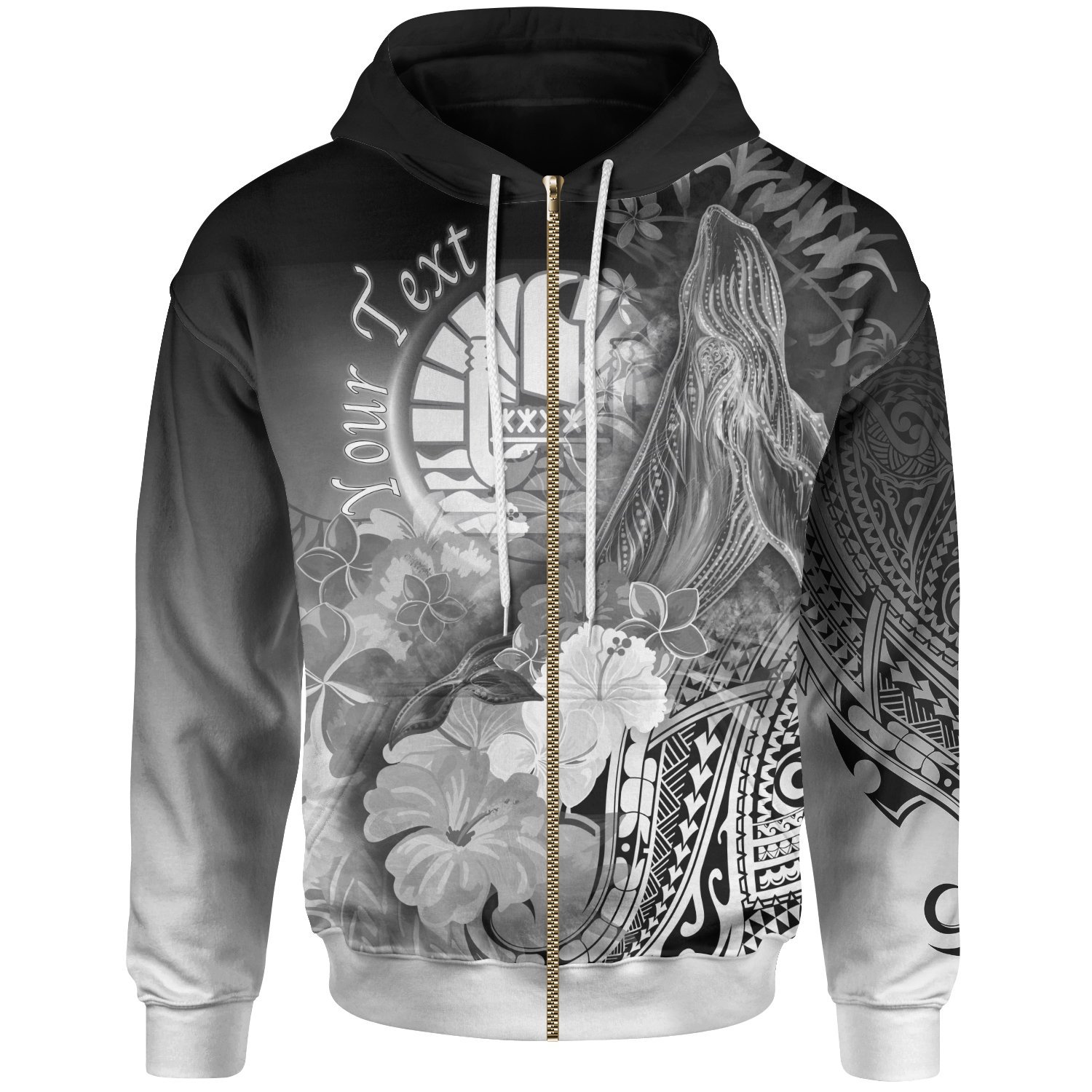 Tahiti Personalised Zip-Up Hoodie – Humpback Whale with Tropical Flowers (White)- Pacific Print Hoodie