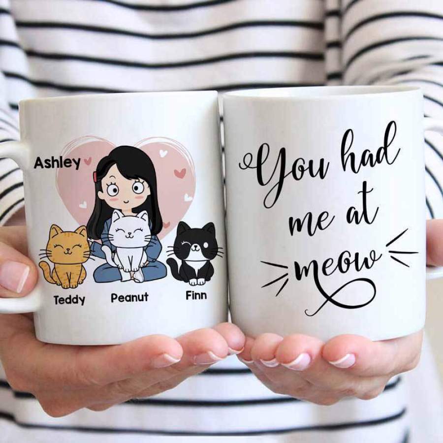 You Had Me At Meow Chibi Girl Sitting Cat Personalized Coffee Mug