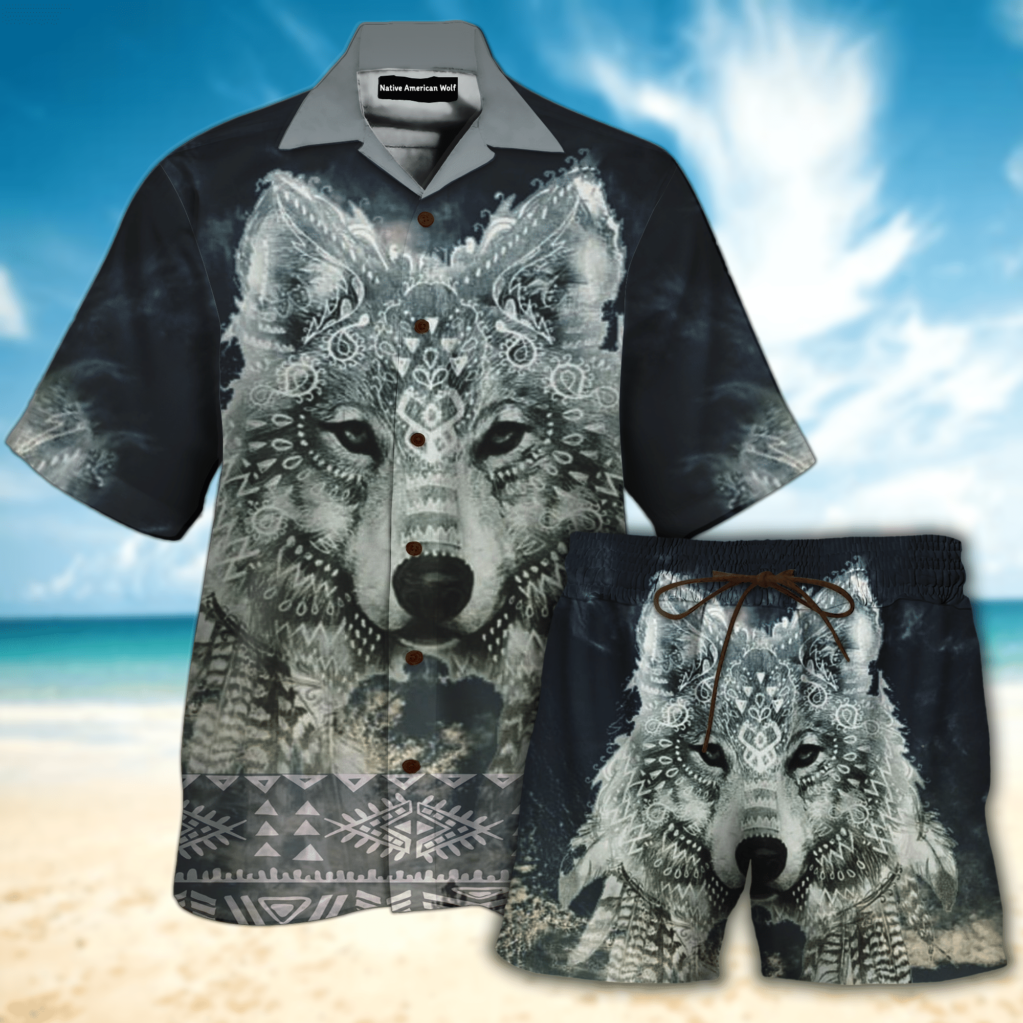 Native American Wolf Hawaiian Shirt Set | Unisex | Hs1038