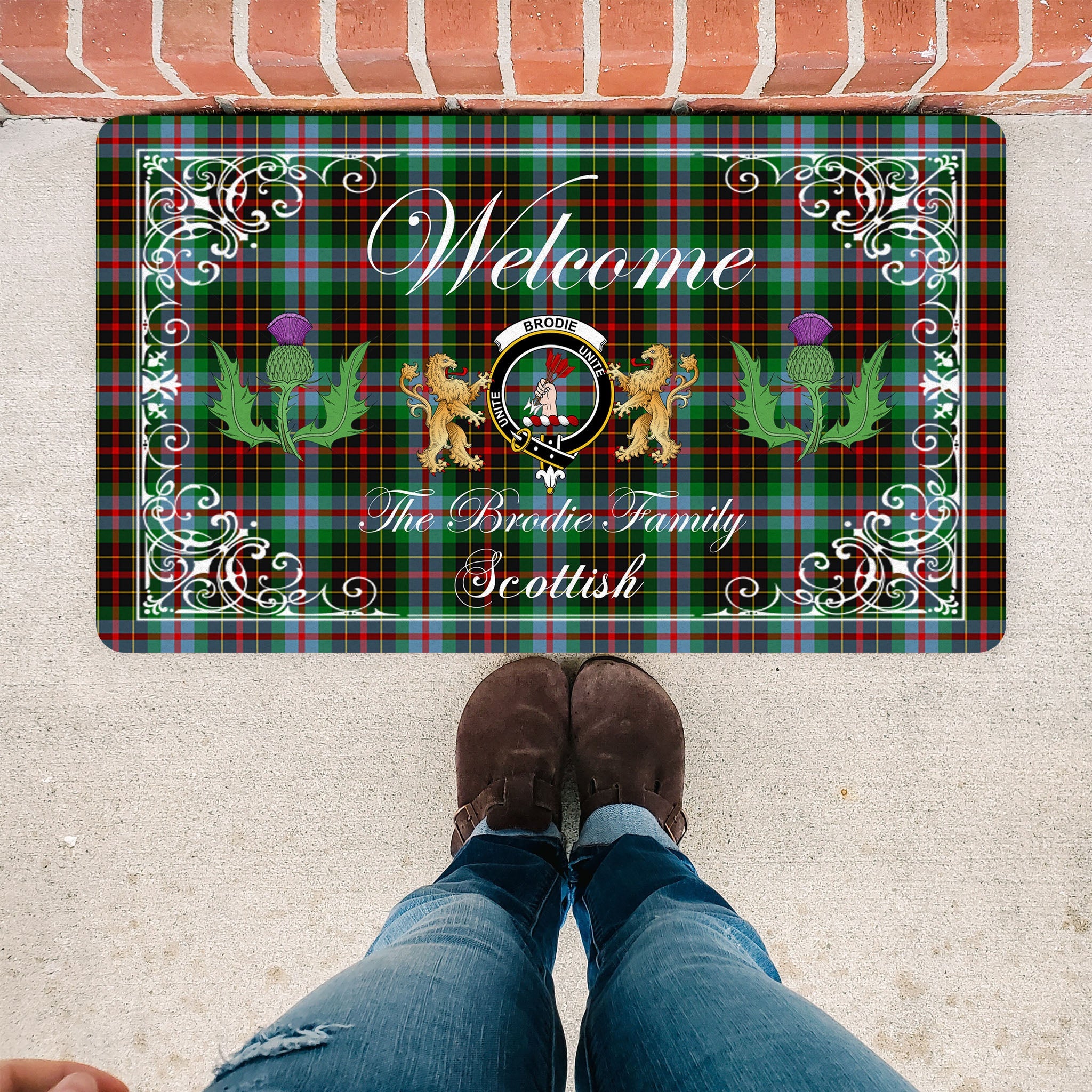 Scotstee Shop Tartan Door Mats Clan Brodie Modern Badge Tartan Thistle And Two Lion Scottish Plaid Doormat, Christmas Door Mat Gift