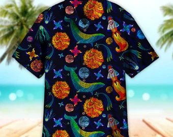 Unisex Blue Whale In The Universe Hawaiian Shirt For Men & Women, Aloha Hawaiian Shirt Short Sleeve Hawaiian