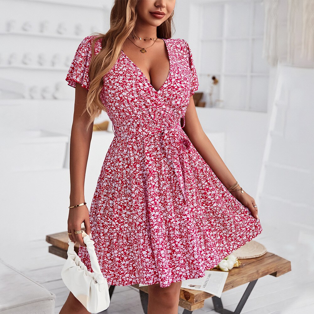 YRZS Vintage Floral Beach Summer Dress Women 2022 Sexy V Neck Boho Ruffle Short Sleeve A Line Mini Dresses Wrap Sundress Robe alx