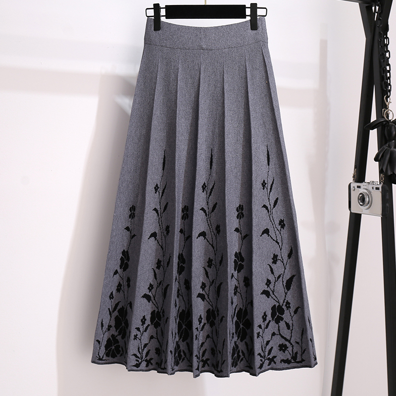 Black Grey Red Floral Knitted Long Pleated Female Women’S Skirts Clothes 2022 Spring Winter Autumn Vintage High-Waisted D0430 alx