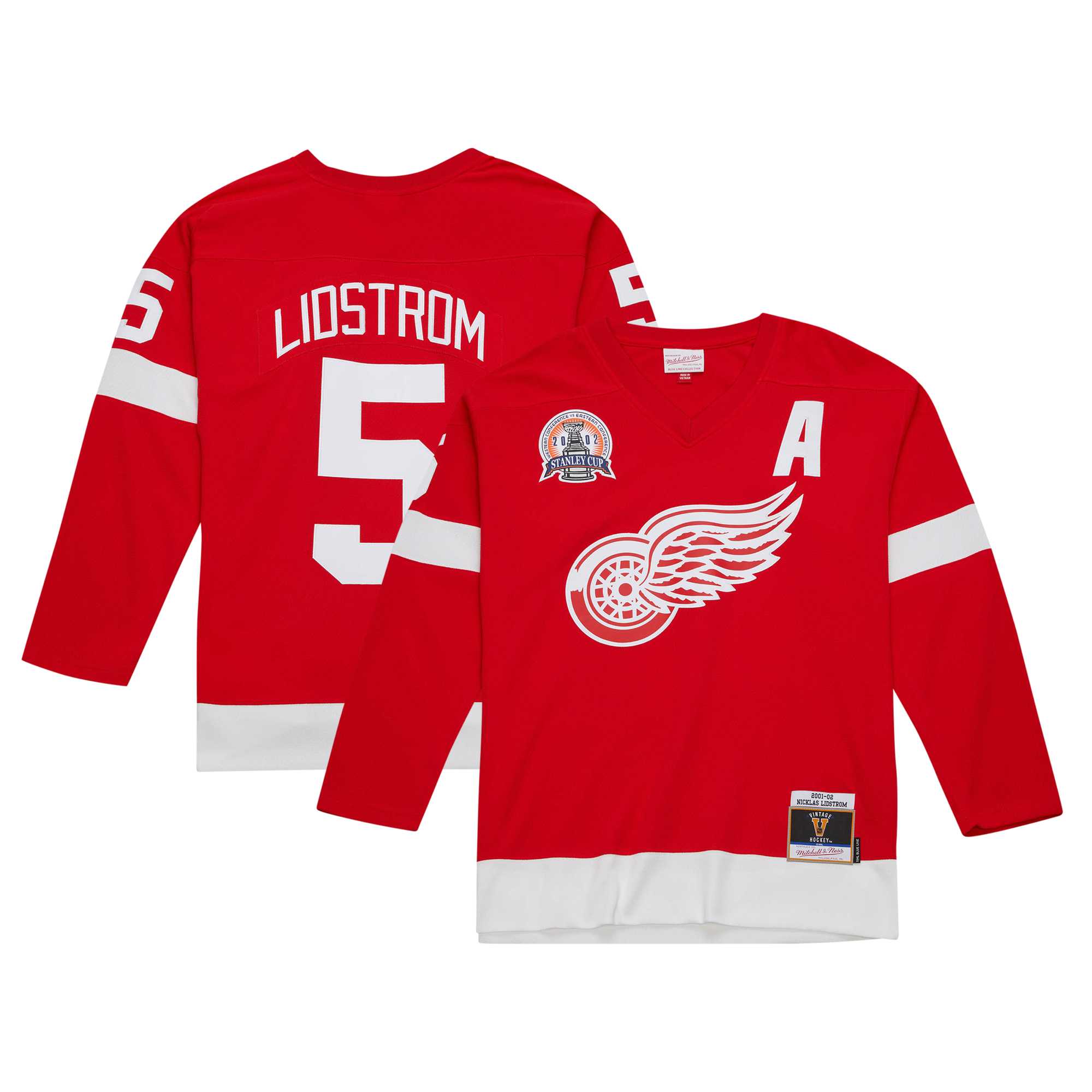 Men's Detroit Red Wings Nicklas Lidstrom Mitchell & Ness Red Alternate Captain Patch 2001/02 Blue Line Player Jersey