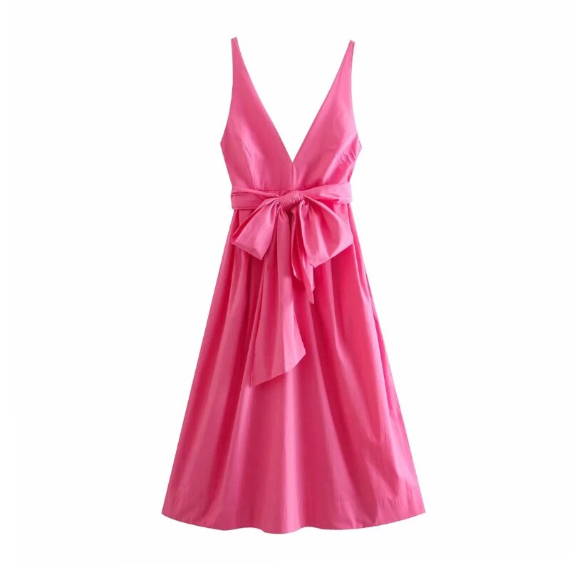 Women Solid Color Cotton Dress Chic Bow Tie Sleeveless Backless Midi Dress Female Pink Color Spaghetti Strap Dresses alx