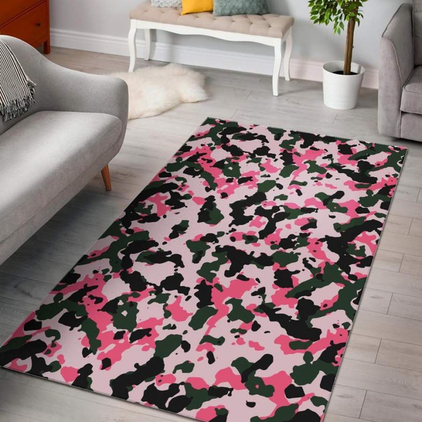 Pink Green And Black Camouflage Print Area Rug