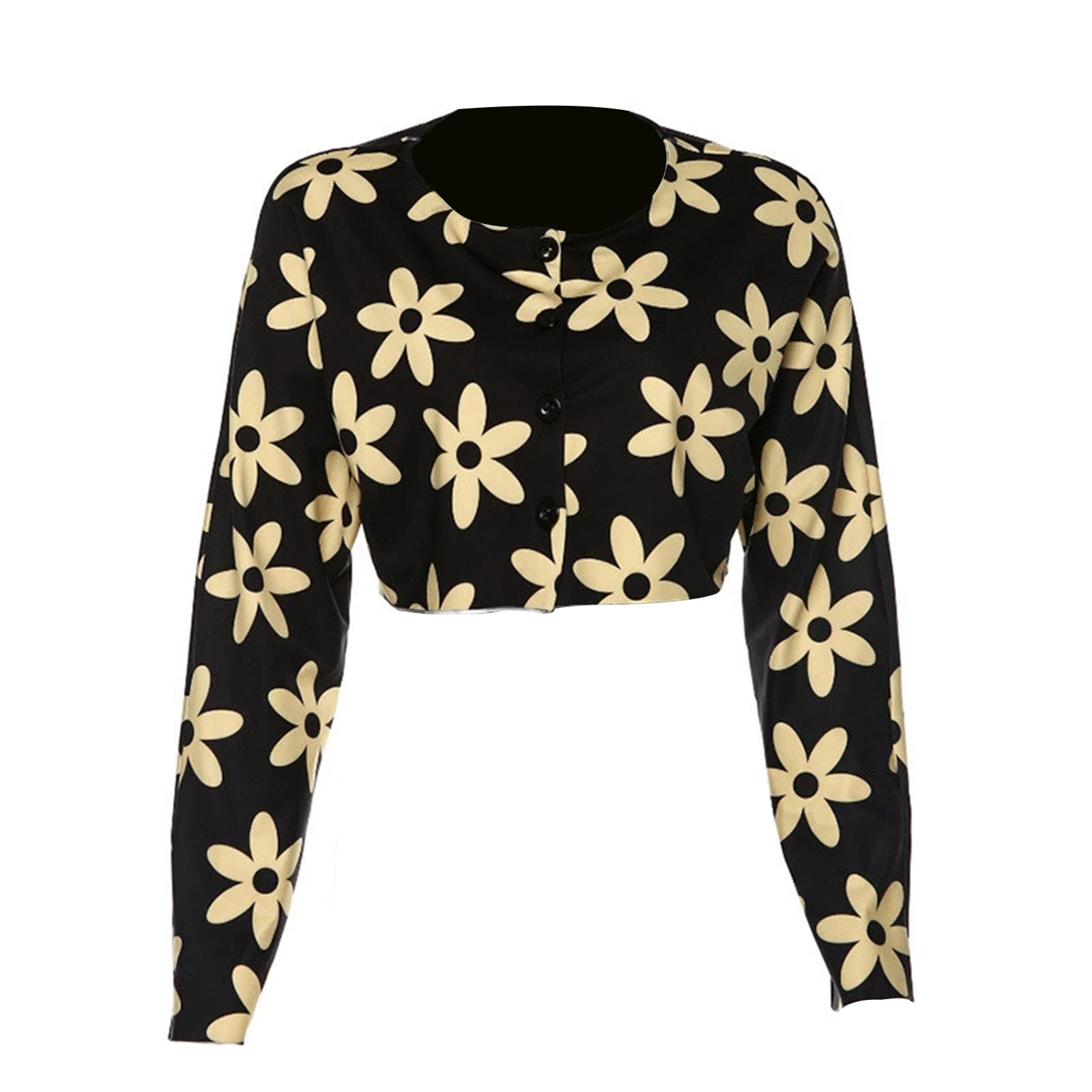 Women Floral Print Cropped Tops Long Sleeve V-neck Cardigan with Buttons for Spring, Autumn Knitted Sweaters Female Casual Coat alx