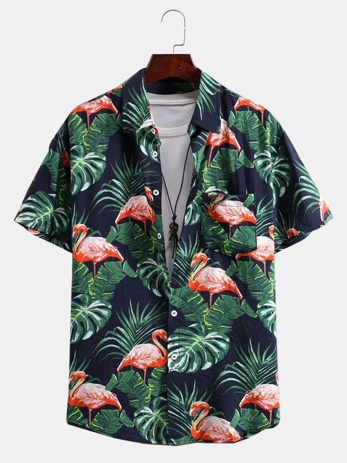 Vintage Flamingo Tropical Plant Print Short Sleeve Hawaii Shirt Ha86981