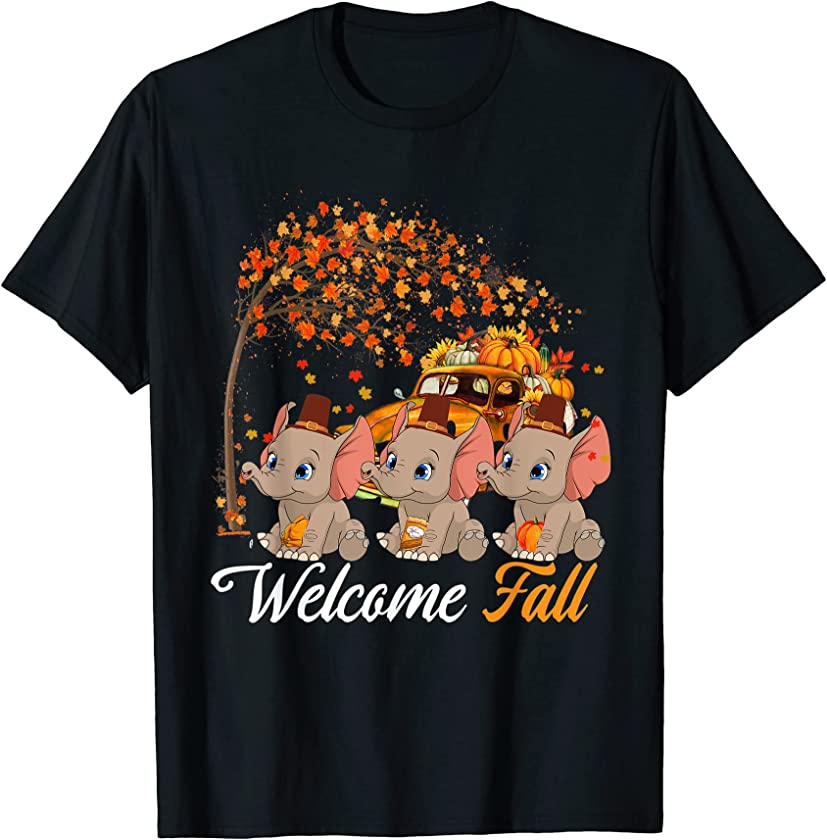 Welcome Autumn Three Elephants With Pumpkins Lover Matching T-Shirt