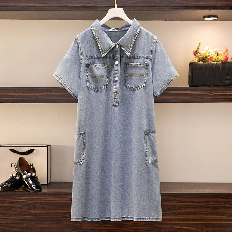 150Kg Plus Size Women’s New Summer Loose Vintage Polo Lapel Breasted Half Placket Workwear Denim Shirt Dress 5XL 6XL 7XL 8XL 9XL alx