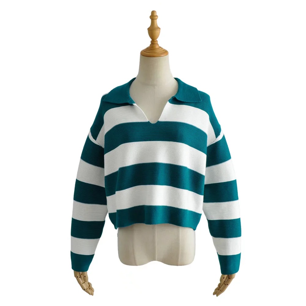 2021 Autumn and Winter New Ladies High Waist Green and White Striped Sweater Short Pullover Sweater alx