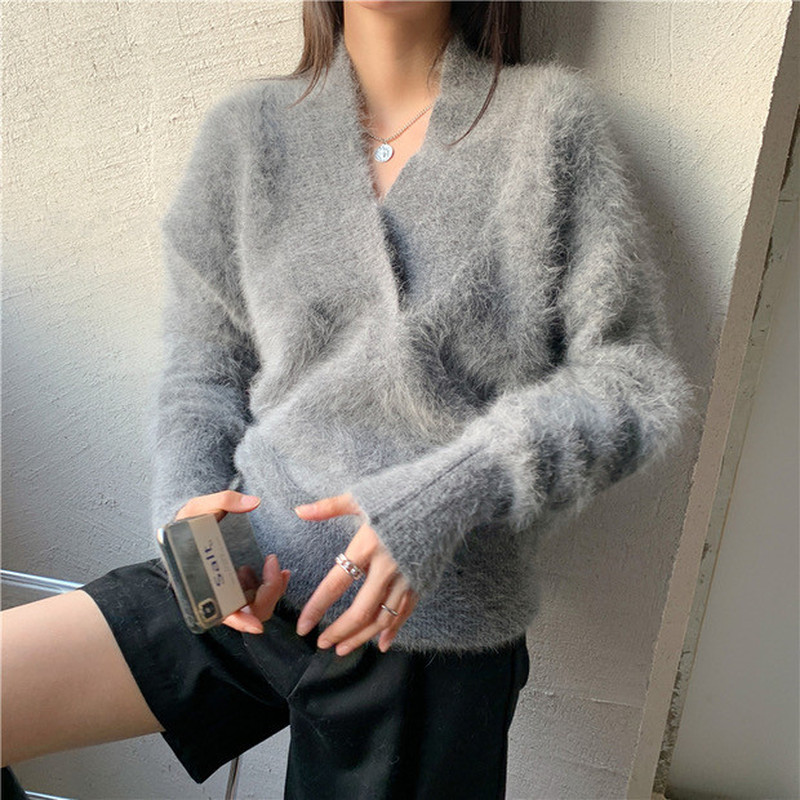 V-neck Mink Cashmere Sweater Woman Autumn Winter 2021 White Long-sleeve Knitting Jumper Female Fall New Soft Pullover Ladies alx