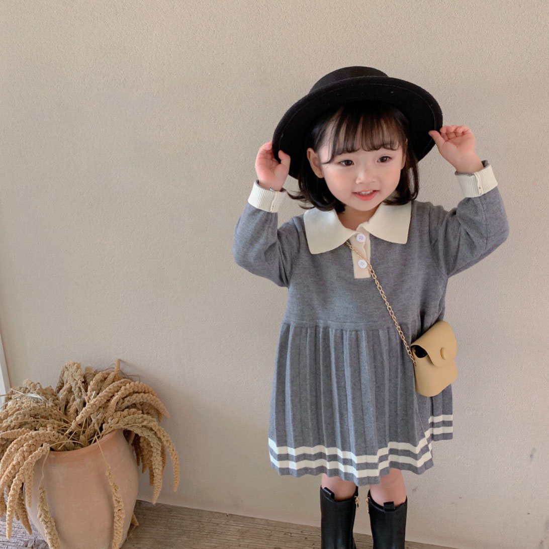 2021 New Autumn Girls Sweater Dress Winter Bottoming Shirt Loose Lapel Stripe Preppy Style Mid-Length Casual Baby Sweater alx