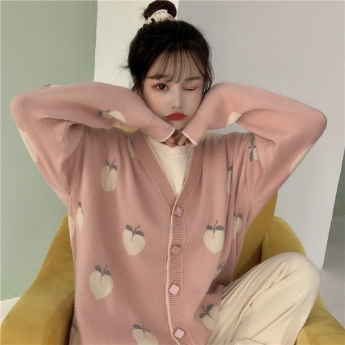 Sweater Cardigan Cute Pink Coat Women Peach Cardigans Knitted Oversized Jacket 2020 Korean Autumn Long Sleeve Pull Femme alx