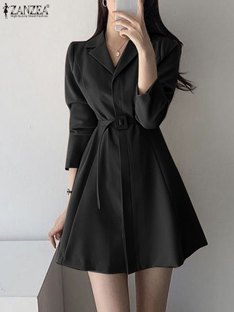 ZANZEA Elegant Dress Women Autumn Solid Dresses Long Sleeve Lapel Belted Robe Femme Fashion Causal Shirtdress Vintage Work Robe alx