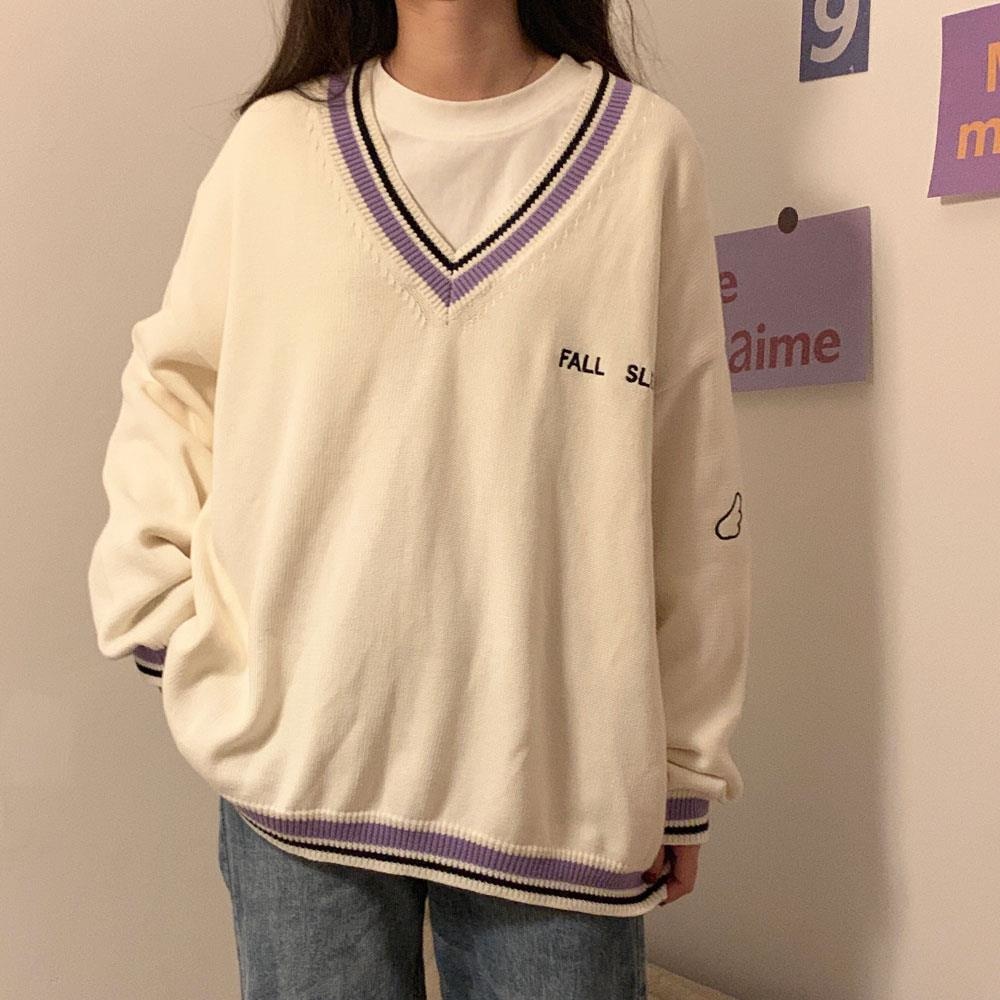 Sweaters Women Ulzzang Letter Chic Vintage V-neck Daily Oversize Preppy Girls Knitwear Fall Casual All-match Womens Sweater alx