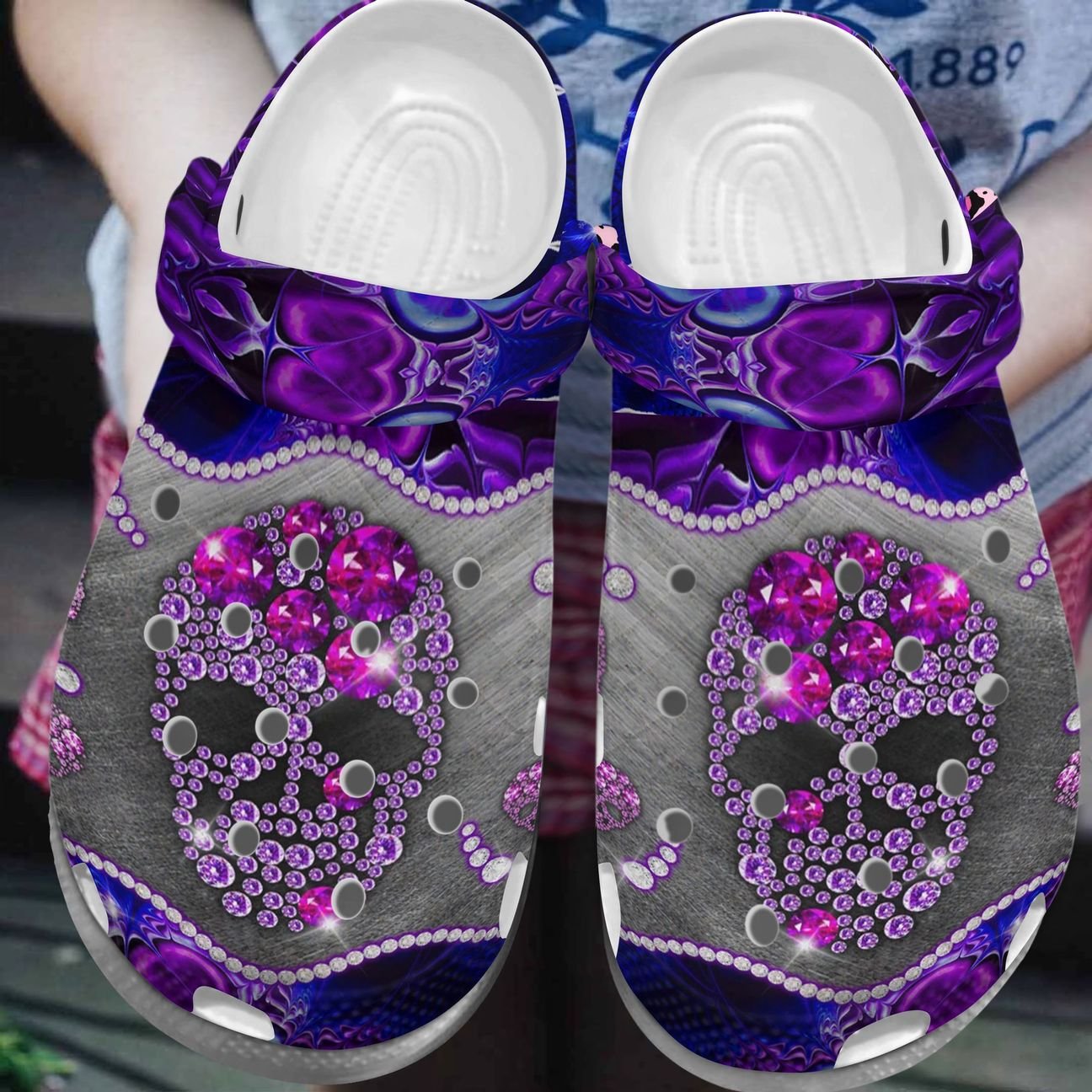 Skull Personalize Clog, Custom Name, Text, Fashion Style For Women, Men, Kid, Print 3D Whitesole Purple Skull