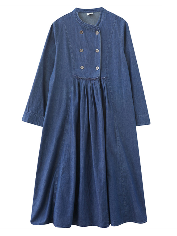 Blue Denim Pleated Dresses For Women Long Sleeve Loose Casual Vintage Shirt Dress Fashion Elegant Clothes Spring Autumn 2022 alx
