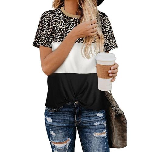 Short Sleeve Patchwork Leopard Printed Tops Tee