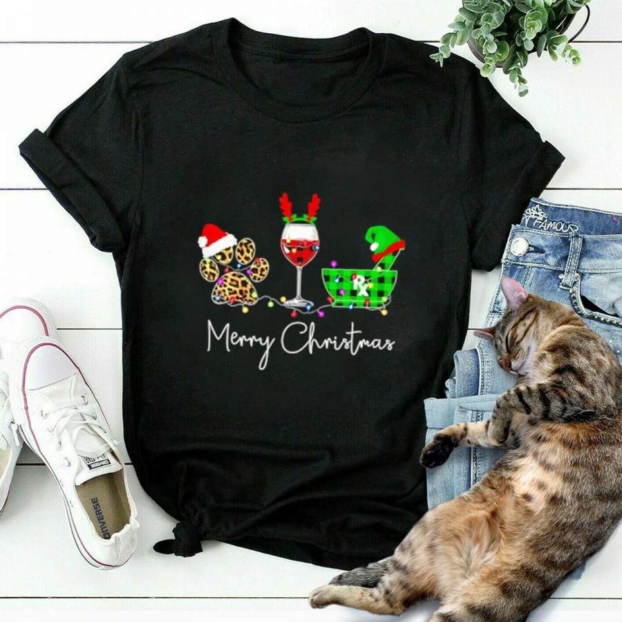 Christmas paw wine pharmacist plaid leopard santa hat wine merry christmas black cotton t shirt for men and women S-6XL