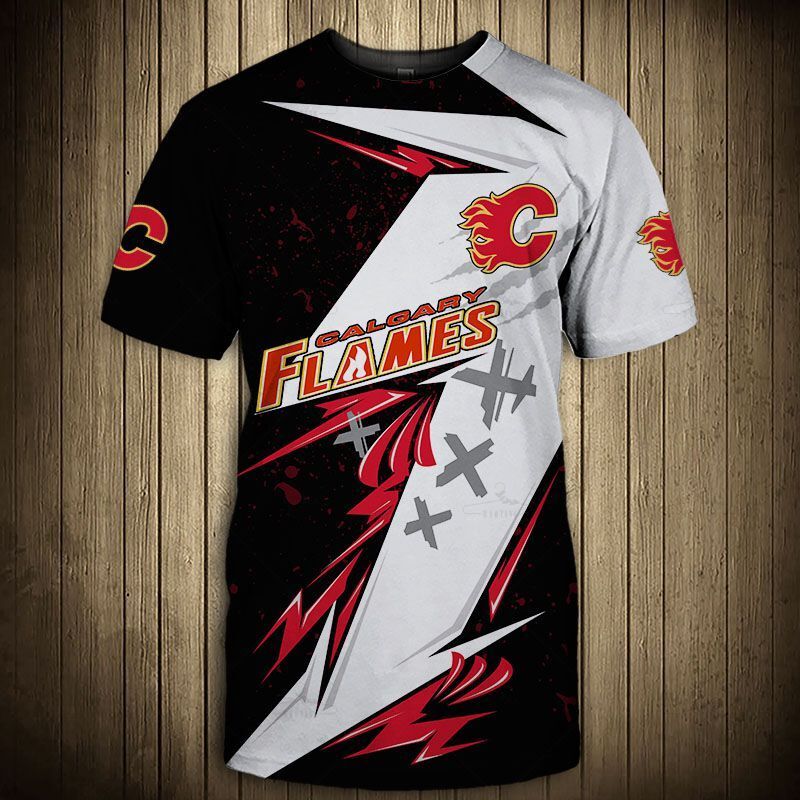 Calgary Flames T-Shirt 3D Thunder Design Short Sleeve