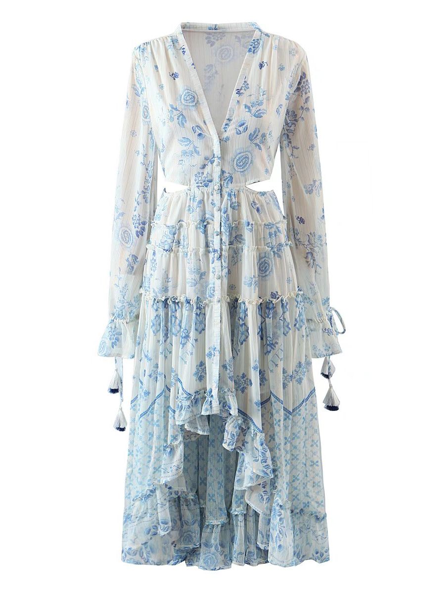 Summer 2022 Women Vintage Floral Print Sexy Hollow Out Boho Beach Dress Ladies Flare Sleeve V Neck Holiday Chiffon Long Dress alx