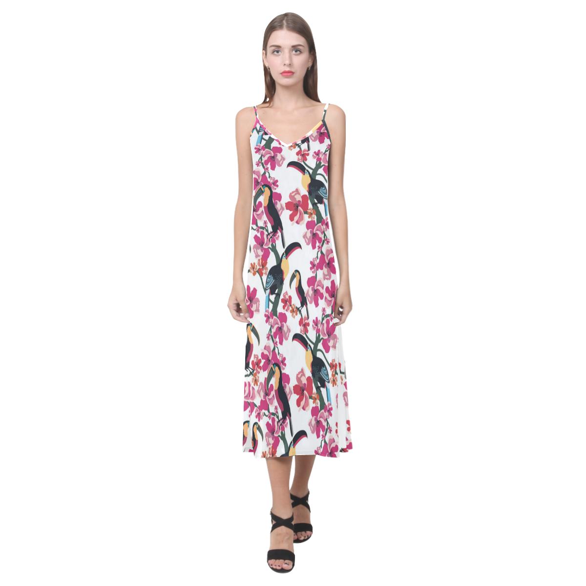 Toucan flower design pattern V-Neck Open Fork Long Dress