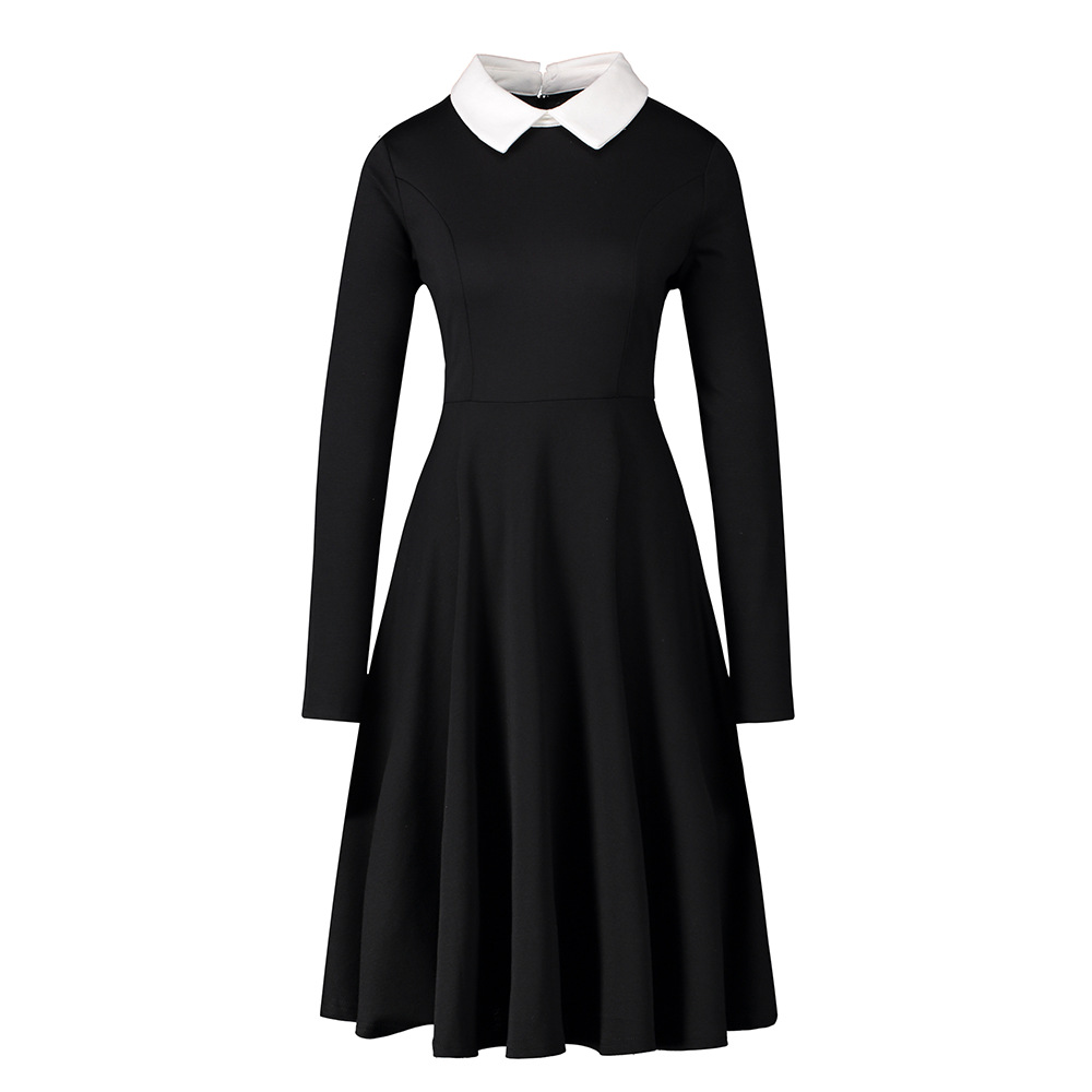 Autumn New Women’S Dress Elegant A-Line Dresses Women Peter Pan Collar Long Sleeve Black Vintage Dress alx