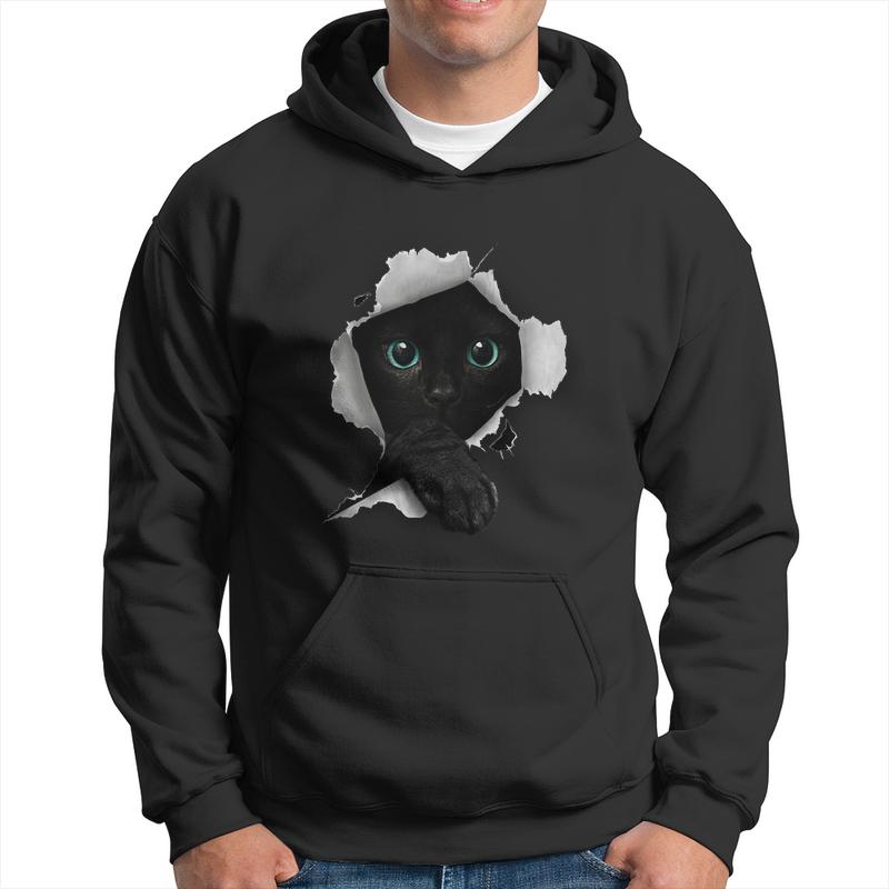 Cat Gift Black Cat Torn Cloth Kitten Gift Men Hoodie Graphic Print Hooded Sweatshirt