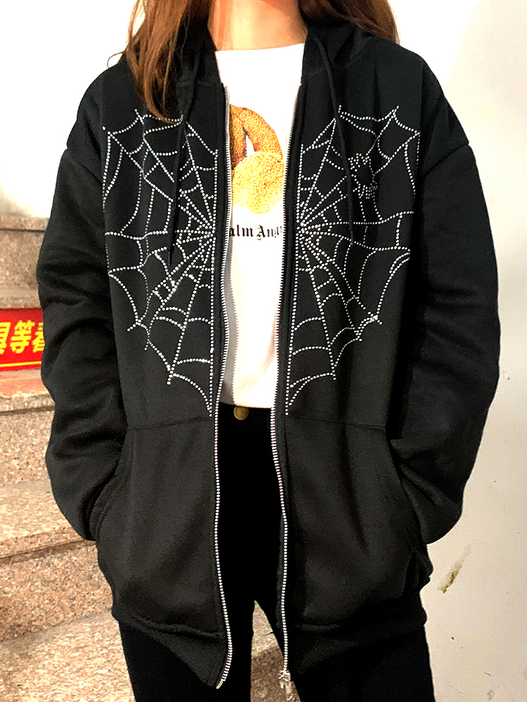 Y2k Harajuku Women’s Hoodie Halloween Hot Drill Spider Web Print Korean Sweatshirt Y2K Gothic Vintage Sweatshirt Women Vintage alx