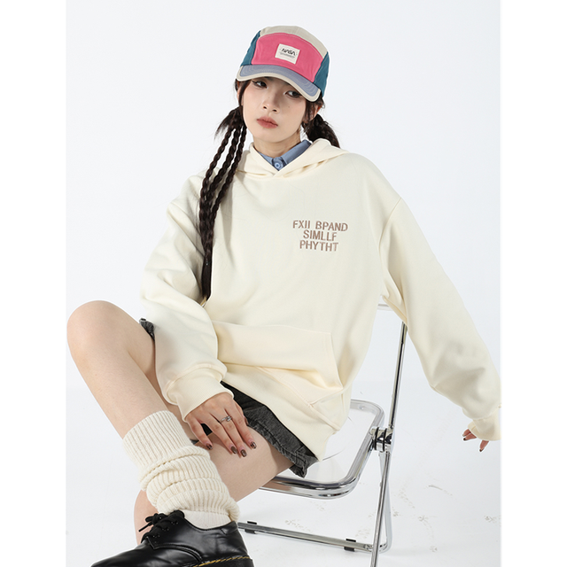 Women Apricot Sweatshirt Hooded Letter Embroidery Fashion Hip Hop Oversize Leisure Thickening Winter Long Sleeves Pullover Tops alx