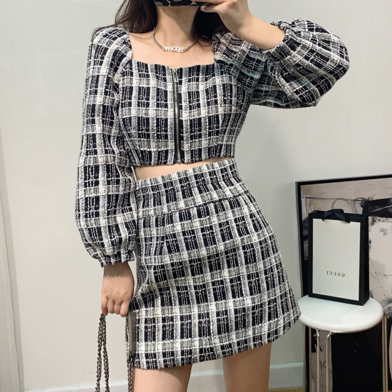 Autumn Korean Vintage Plaid Two Piece Set Women Zipper Crop Top + Bodycon Mini Skirt Set Fashion 2 Piece Outfits For Women Suits alx